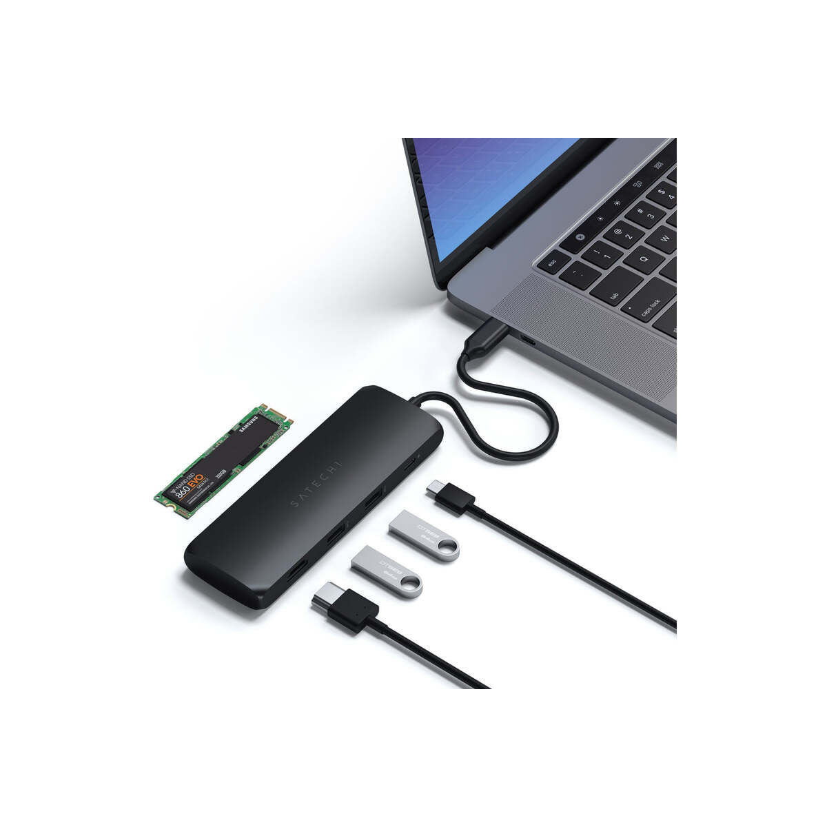 Satechi Aluminium USB-C Hybrid Multiport adapter (SSD Enclosure, HDMI 4K, 2 x USB-A 3.1 Gen 2 up to 10 Gbps) - Black - iSTYLE RS