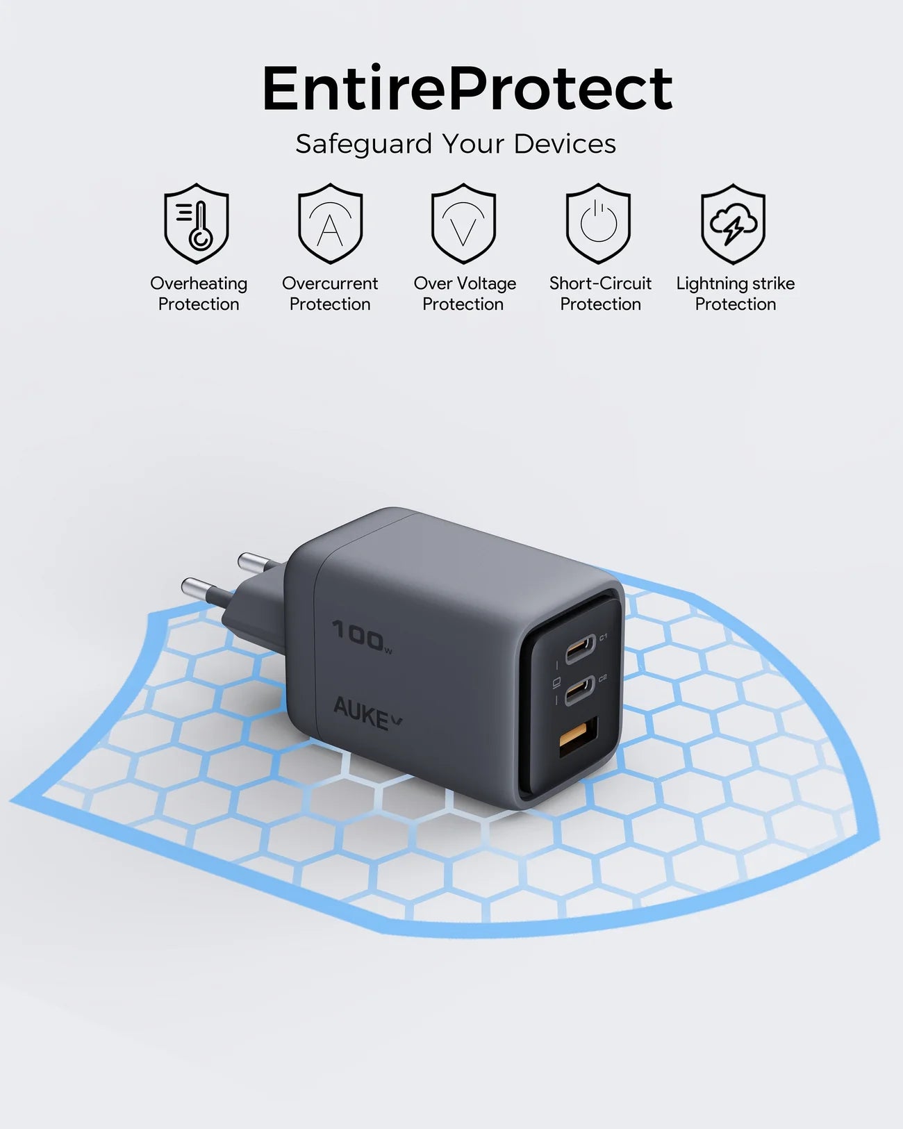AUKEY Comet Mix 3 100W PD 3-Port GaN Wall Charger with PPS for Laptop & Mobile Gray