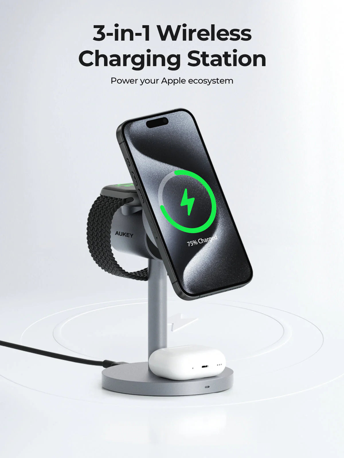 AUKEY MagFusion 3-in-1 Qi2 15W Magnetic Wireless Charger MFI Certified