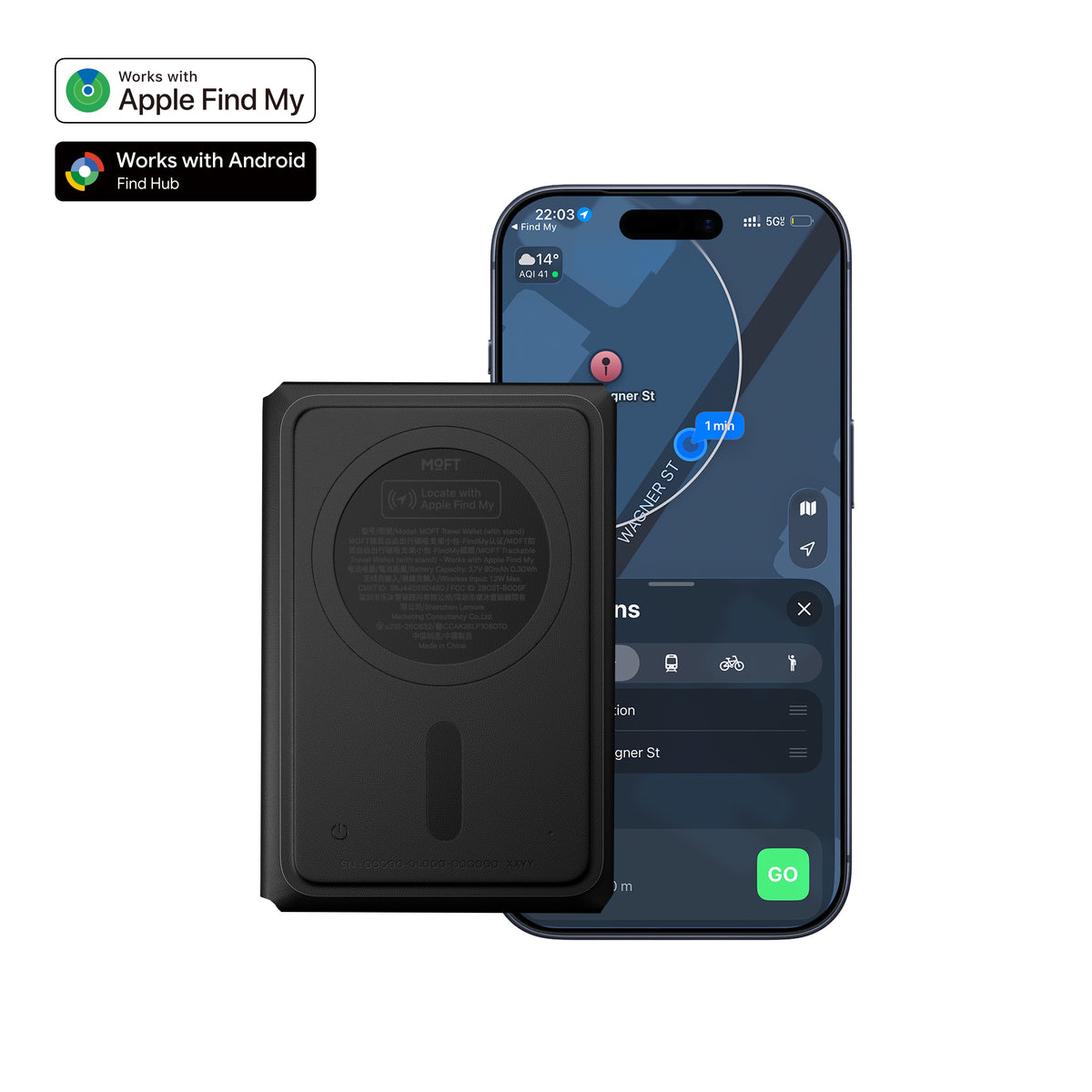 MOFT Trackable Field Wallet (8 cards) & Stand - Jet Black