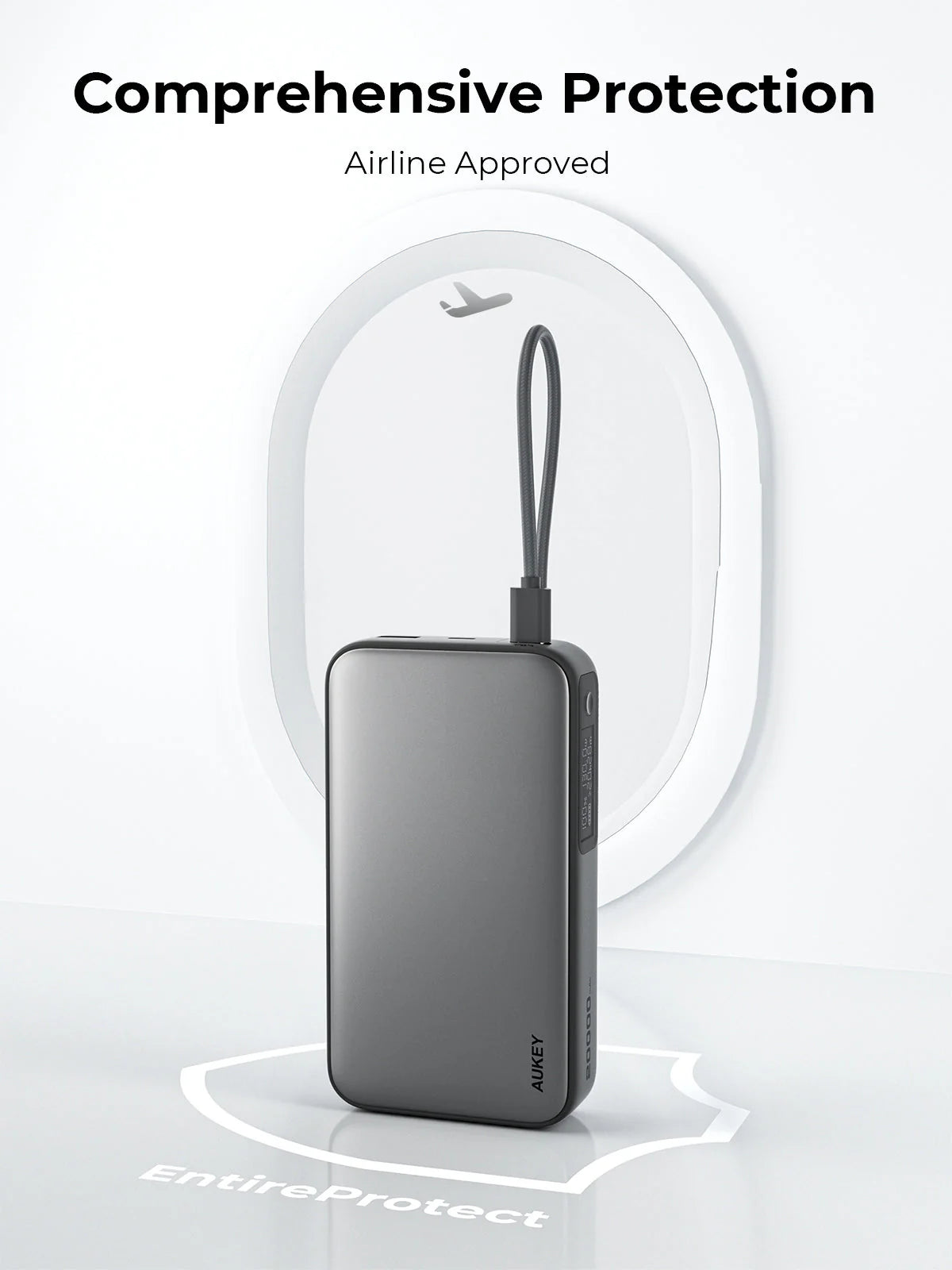AUKEY Spark Sling 20000 Compact Fast Charging Power Bank with Built-in USB-C Cable Gray