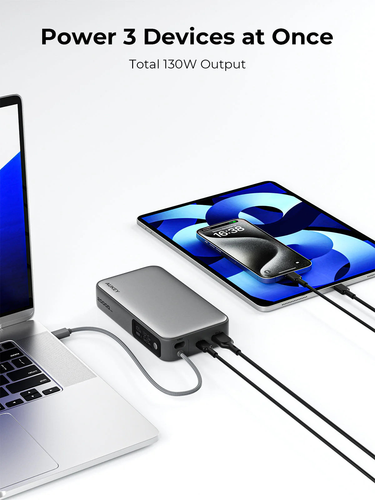 AUKEY Spark Sling 20000 Compact Fast Charging Power Bank with Built-in USB-C Cable Gray