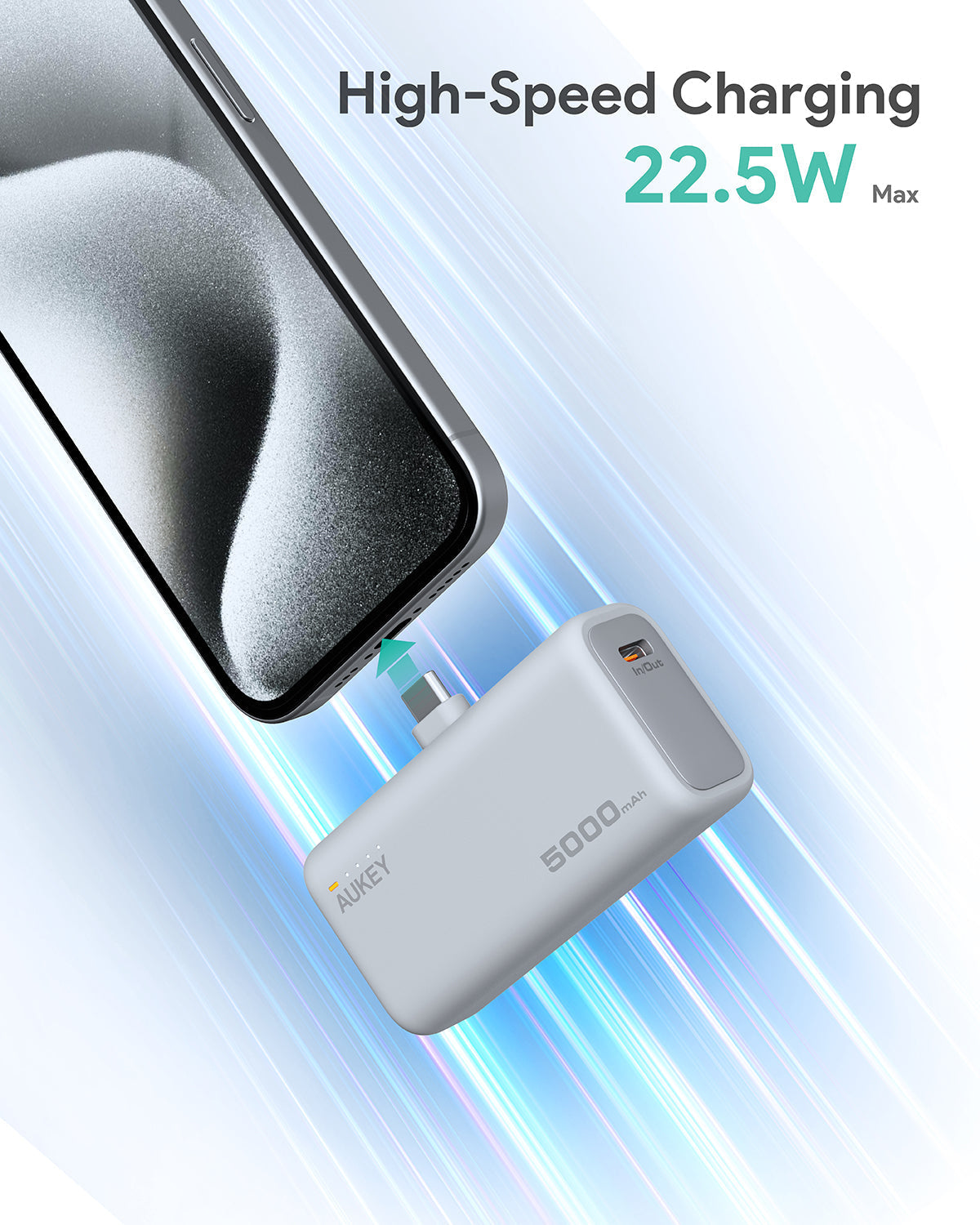 AUKEY Spark Mini 22.5W 5000mAh PD Power Bank With Built-in USB C Port Frost White