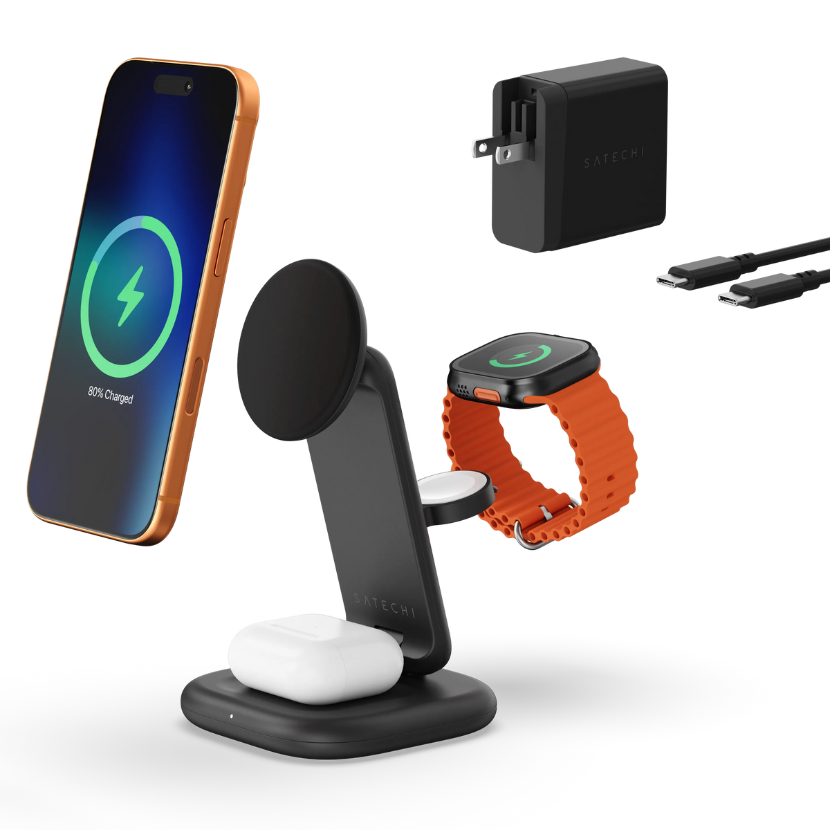 Satechi 3-in-1 Foldable Qi2 25W Wireless Charging Stand - Space Black