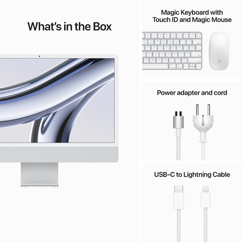 24-inčni iMac M3 sa 4,5K Retina displejom, 8-jezgarnim CPU-om, 8-jezgarnim GPU-om, 8GB objedinjene memorije I 256GB SSD-om - Silver - iSTYLE RS