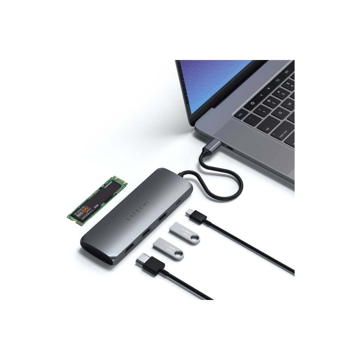 Satechi Aluminium USB-C Hybrid Multiport adapter (SSD Enclosure, HDMI 4K, 2 x USB-A 3.1 Gen 2 up to 10 Gbps) - Space Grey - iSTYLE RS