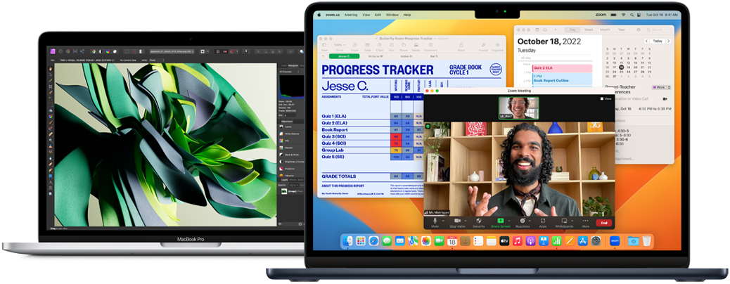 Ilustrace zobrazující 13palcový model MacBooku Pro ve stříbrné a MacBook Air s čipem M2 v temně inkoustové s aplikacemi Zoom, Kalendář, Numbers a Affinity Photo 2.